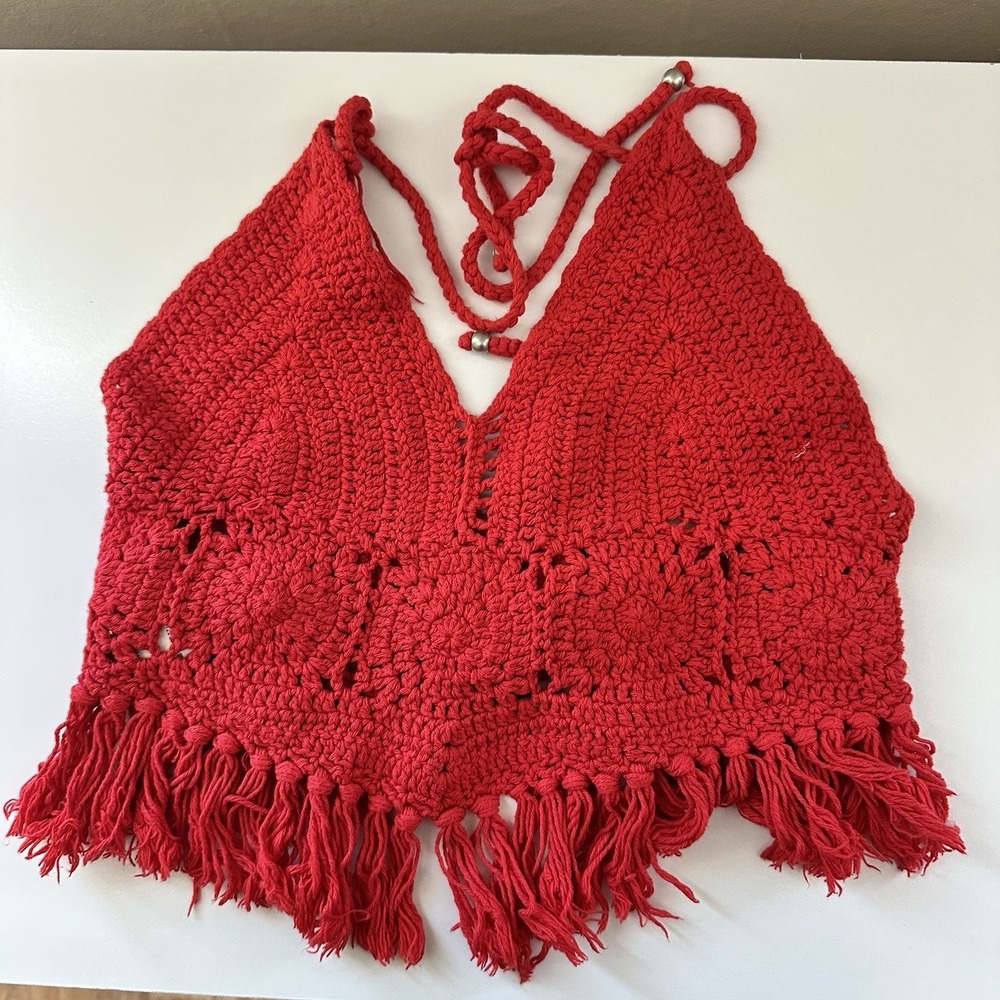 Forever21 Womens Crochet Halter Crop Top Size S Red Festival Boho Bold Hippie